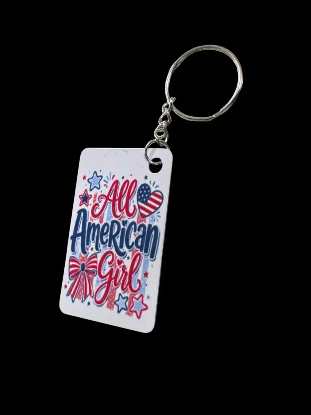 All American Girl Patriotic Metal Keychain, Red White and Blue USA Flag Design